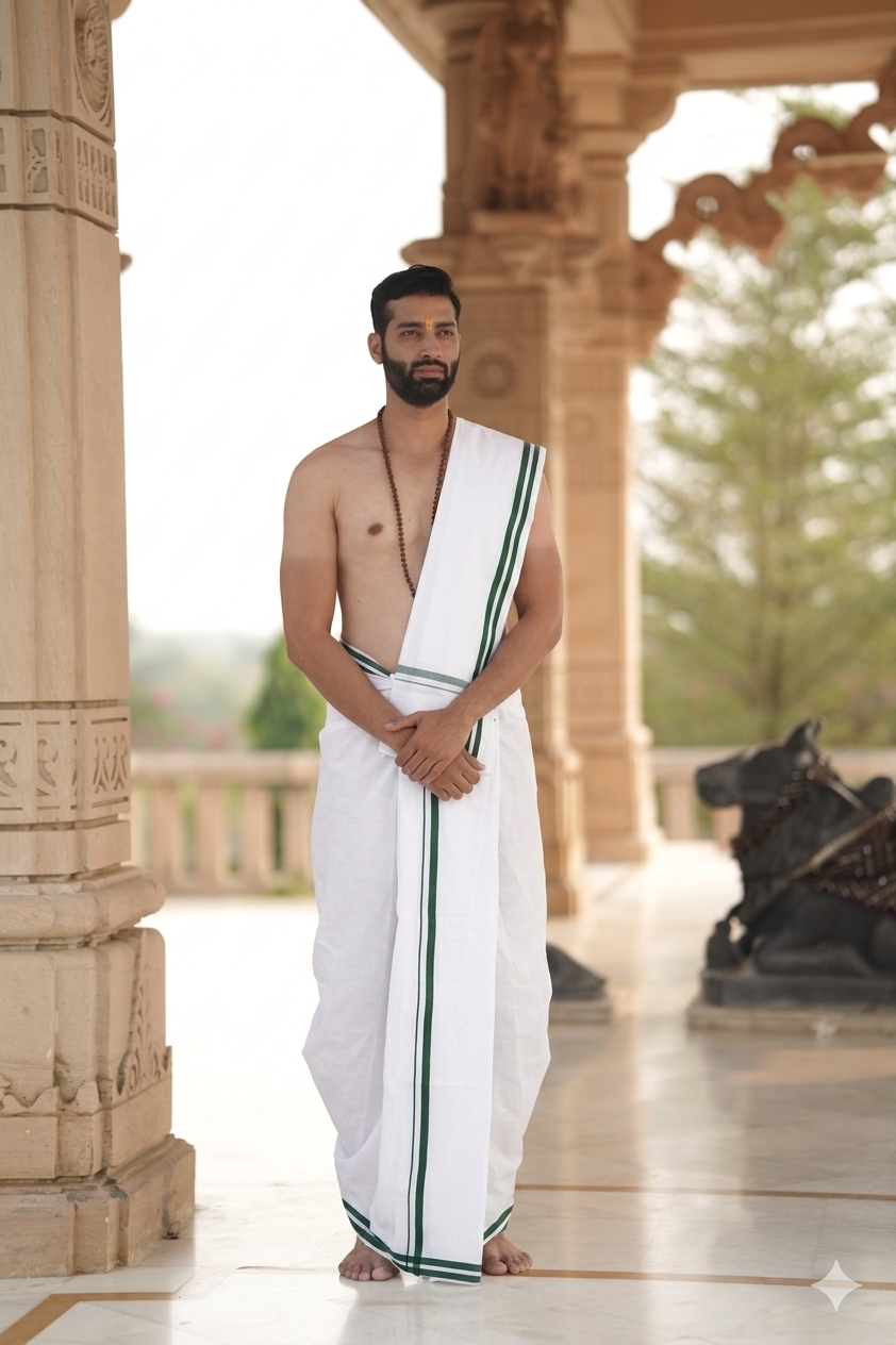 Man wearing a green stripe white cotton dhoti with khes