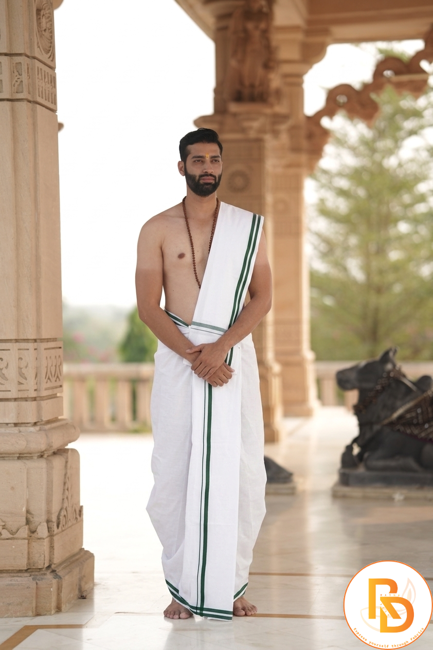 Man wearing a green stripe white cotton dhoti with khes