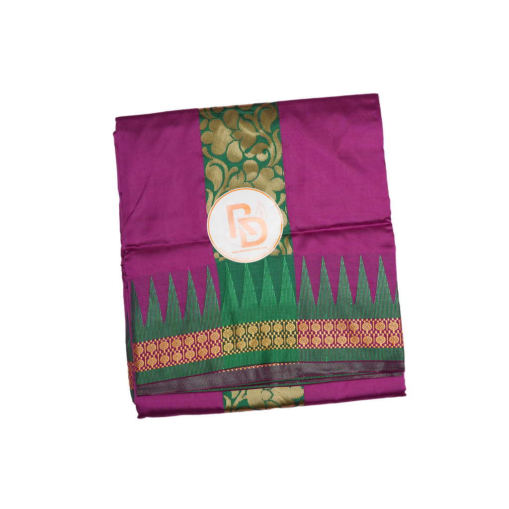 green zari border purple silk dhoti set