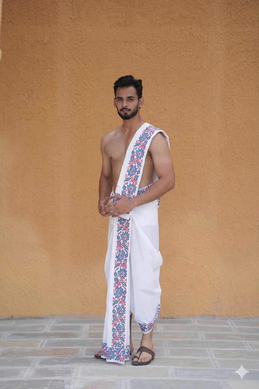 A man wearing stylish jaipur hand block printed pure white cotton dhoti with uparana