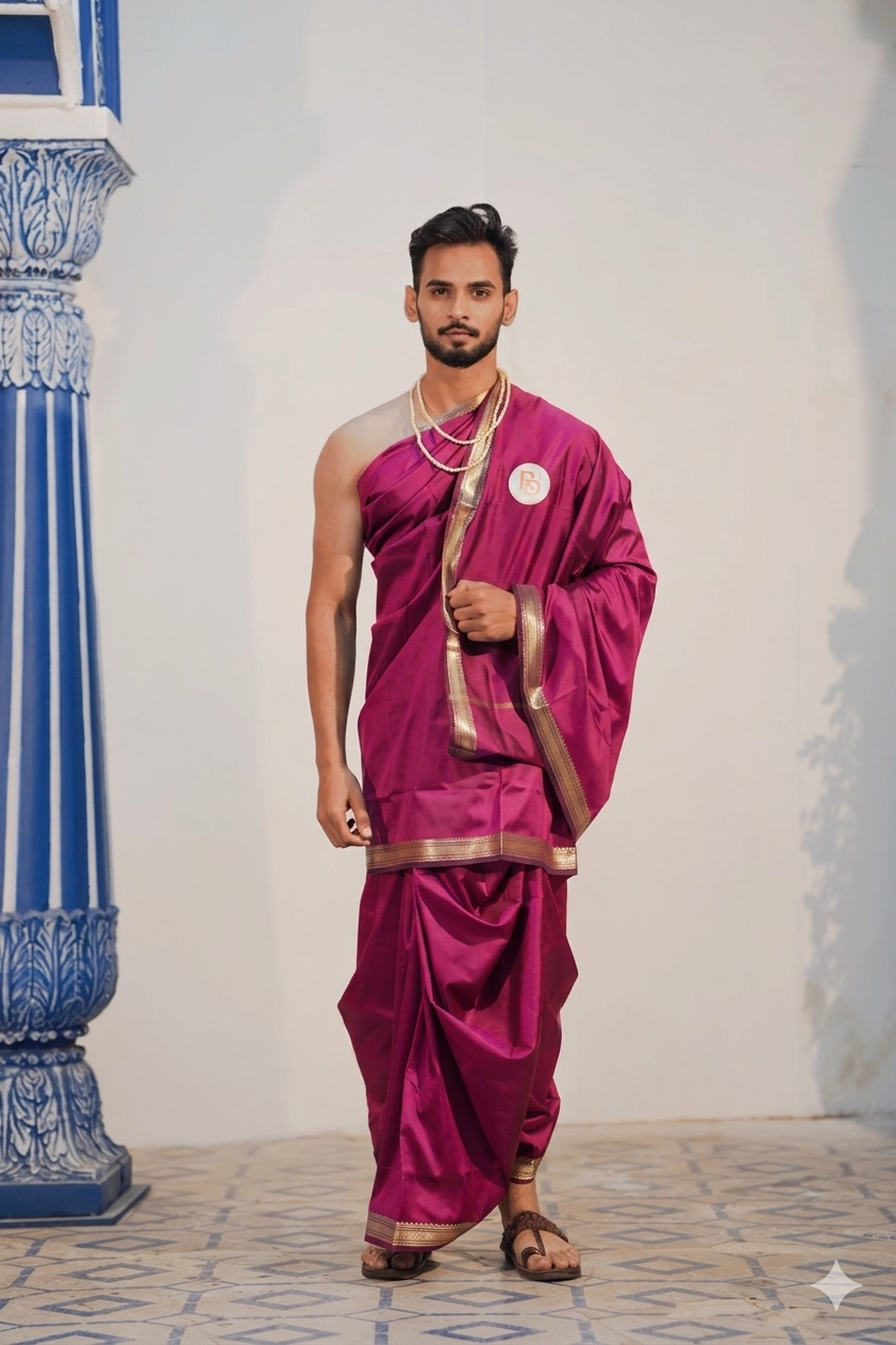 Man wearing a heritage kasab border artificial silk light purple dhoti with matching angavastram