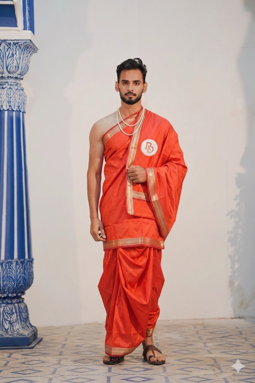 Man wearing a heritage kasab border artificial silk light red dhoti with matching angavastram