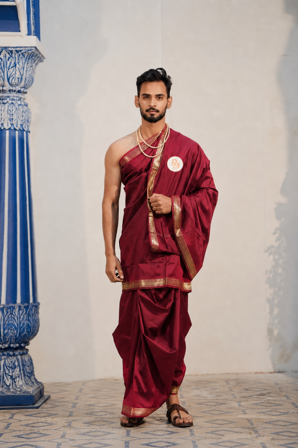Man wearing a heritage kasab border artificial silk maroon dhoti with matching angavastram