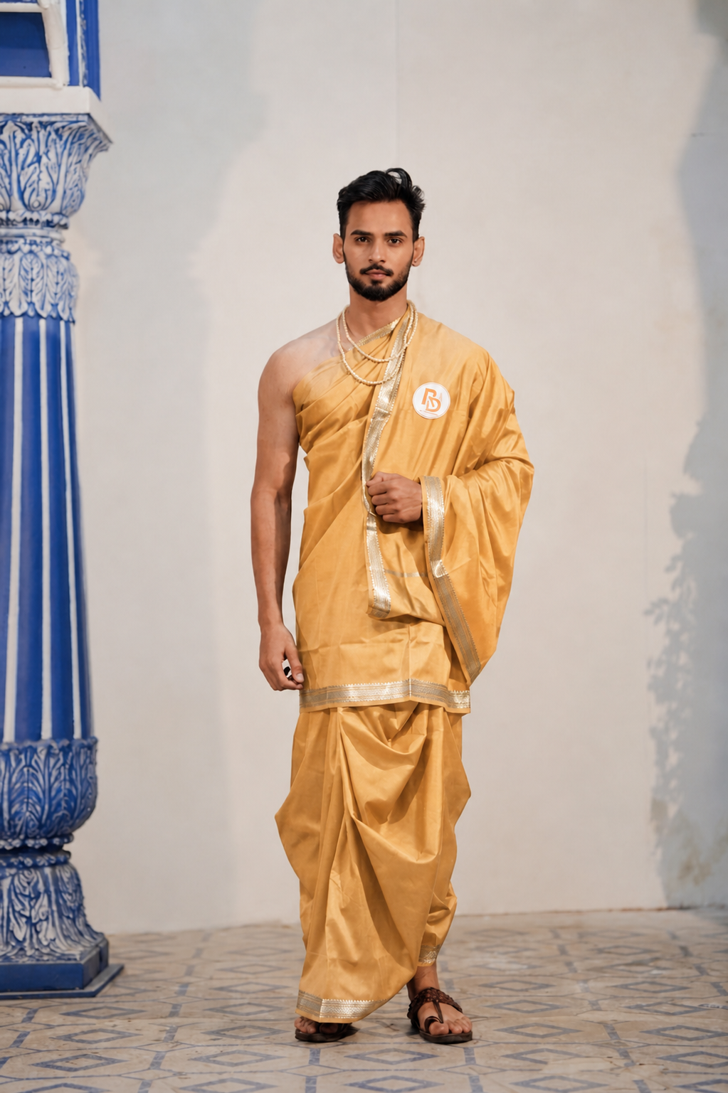 Man wearing a heritage kasab border artificial silk mustard dhoti with matching angavastram