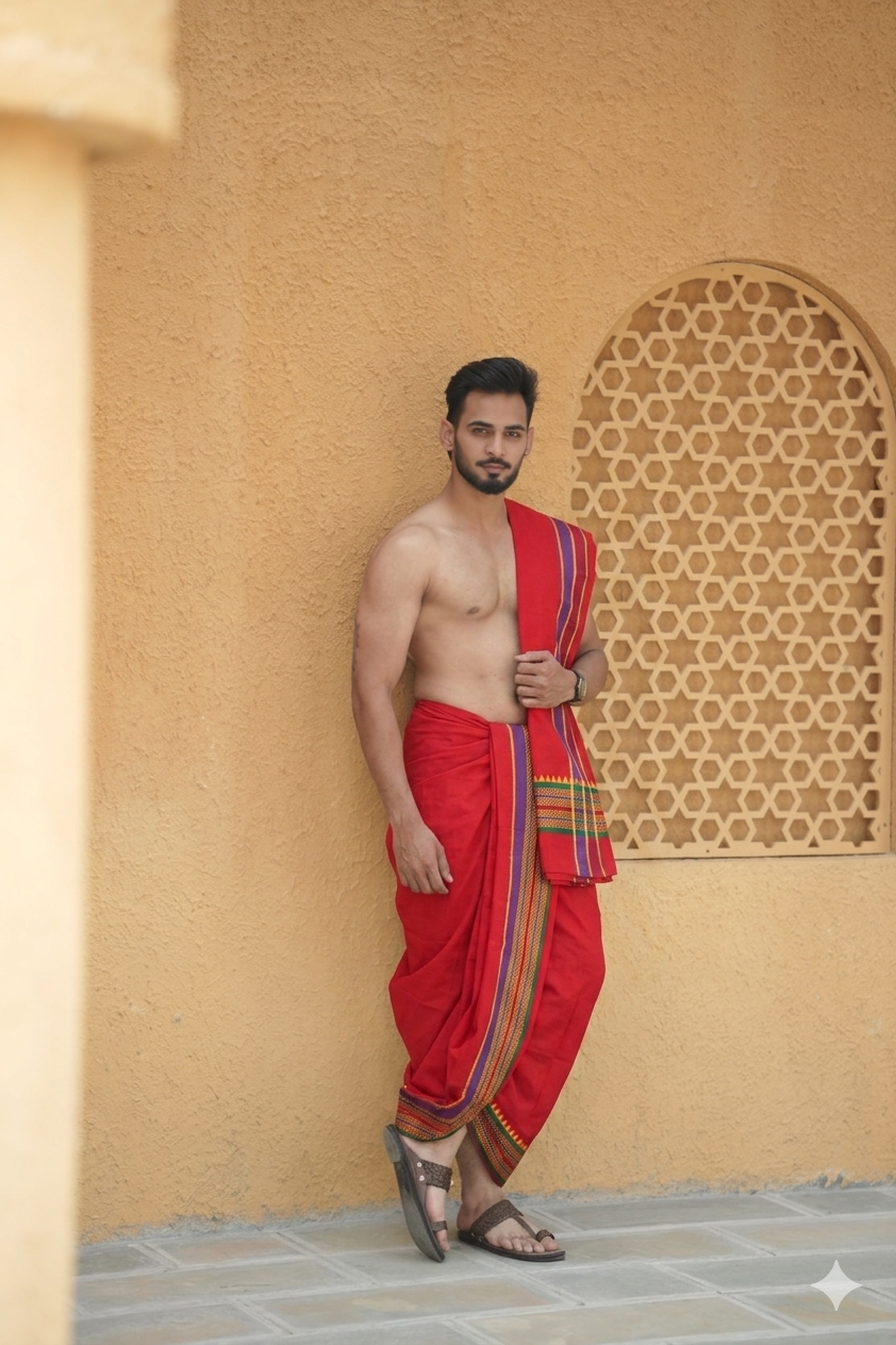 Man wearing a honda cotton dhoti with uparana