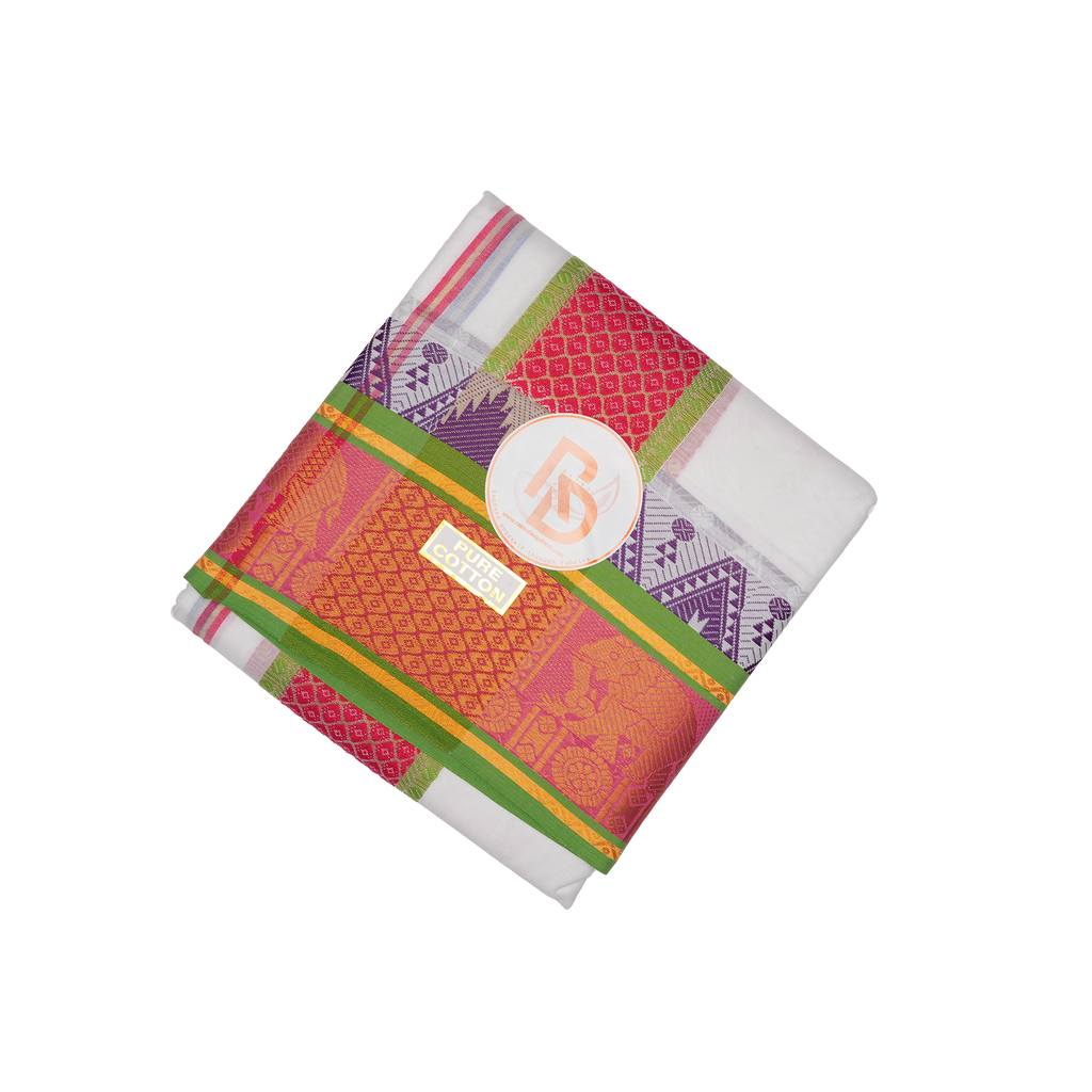 golden elephant jacquard border cotton dhoti set