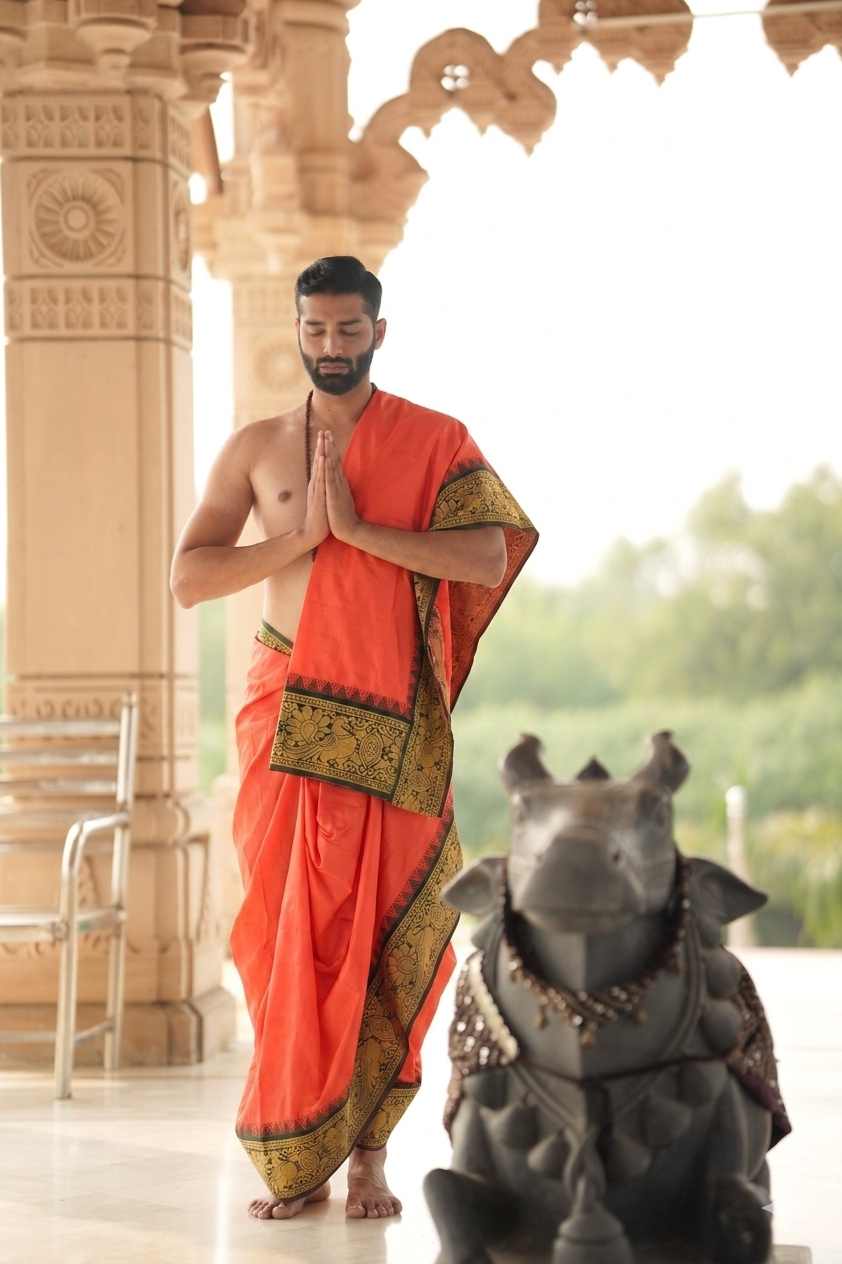 Man wearing a jacquard border jodi cotton dhoti with uparana
