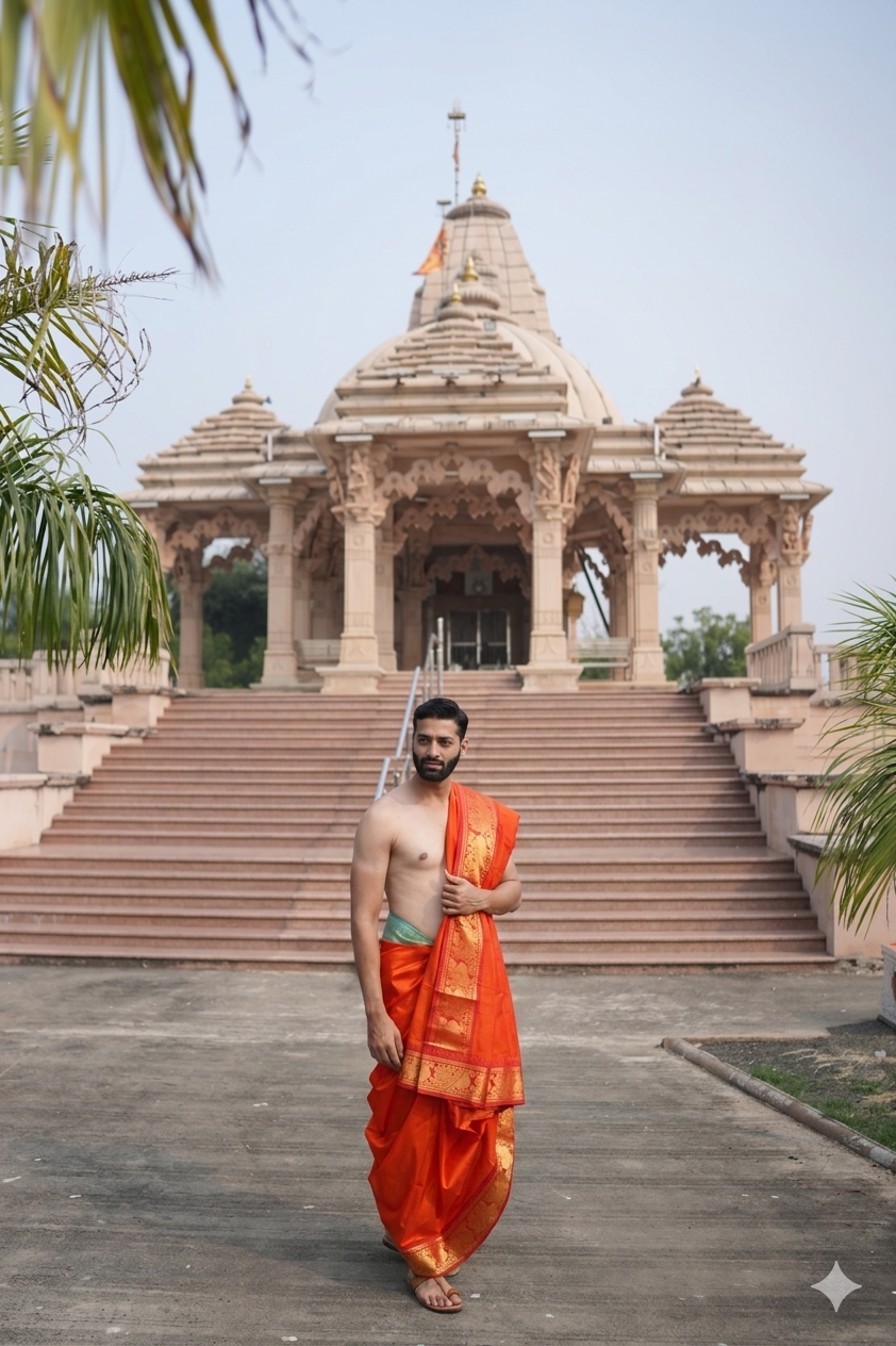 Man wearing a jacquard peacock border fanta orange cotton dhoti with uparana