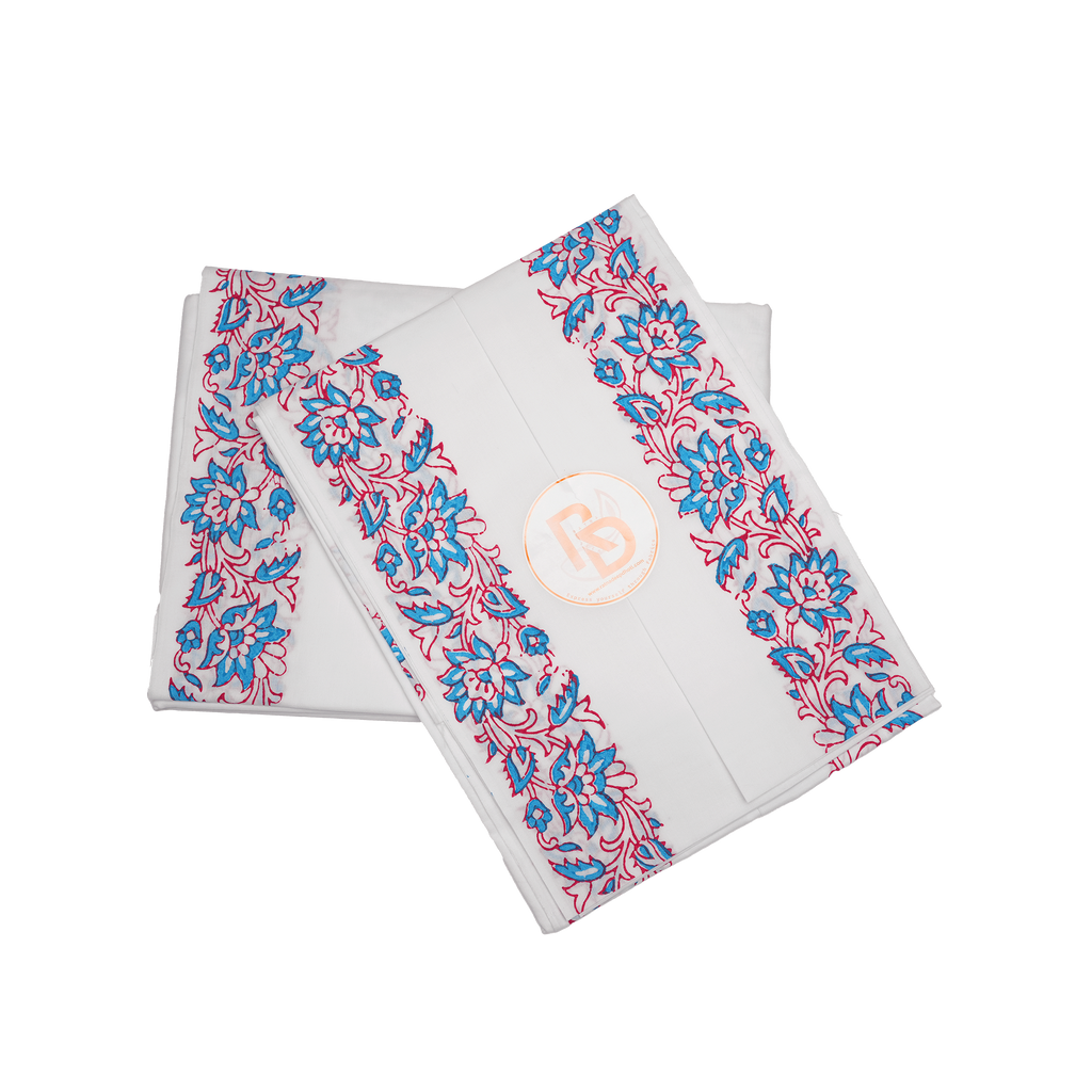 Jaipur hand block print white cotton dhoti with floral border