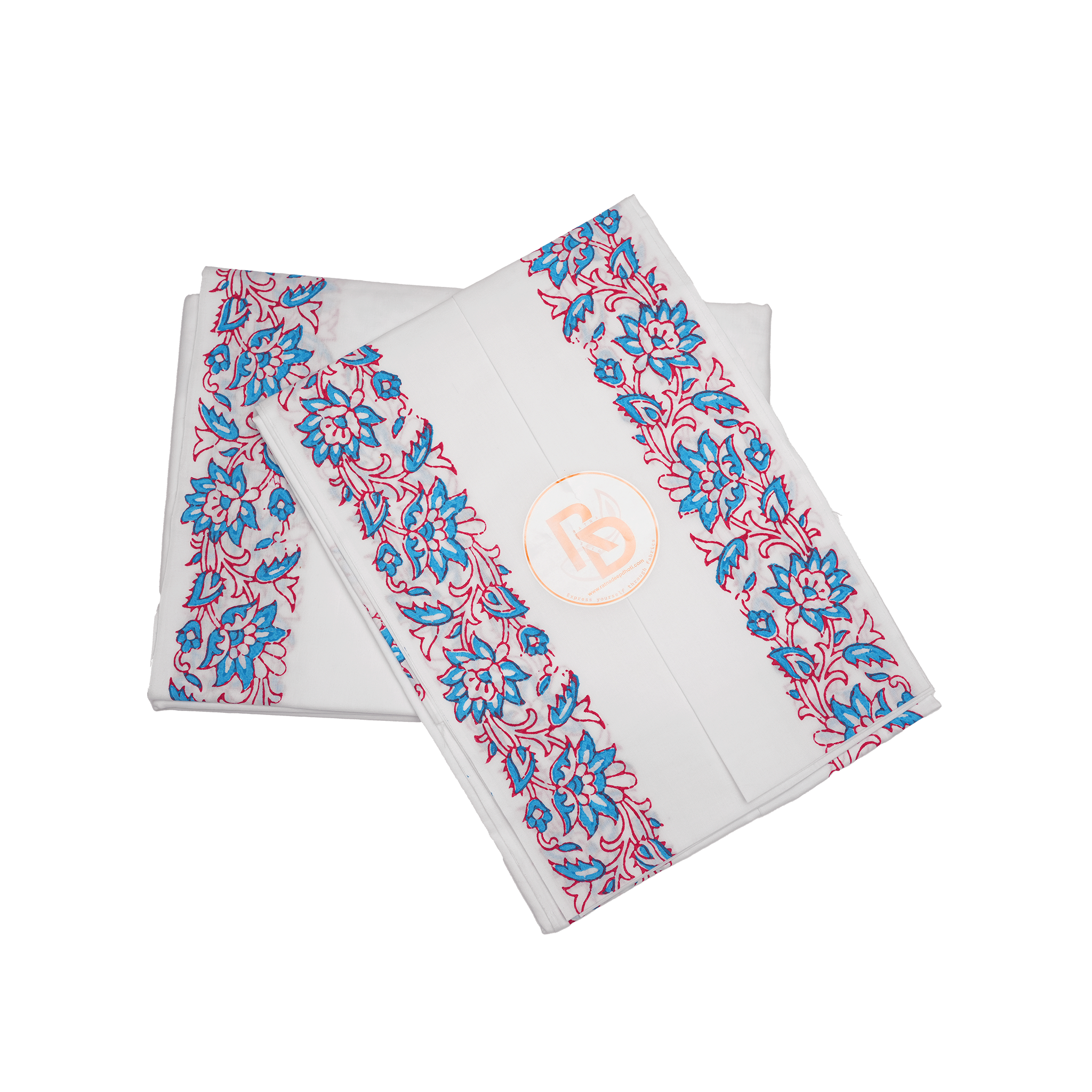Jaipur hand block print white cotton dhoti with floral border