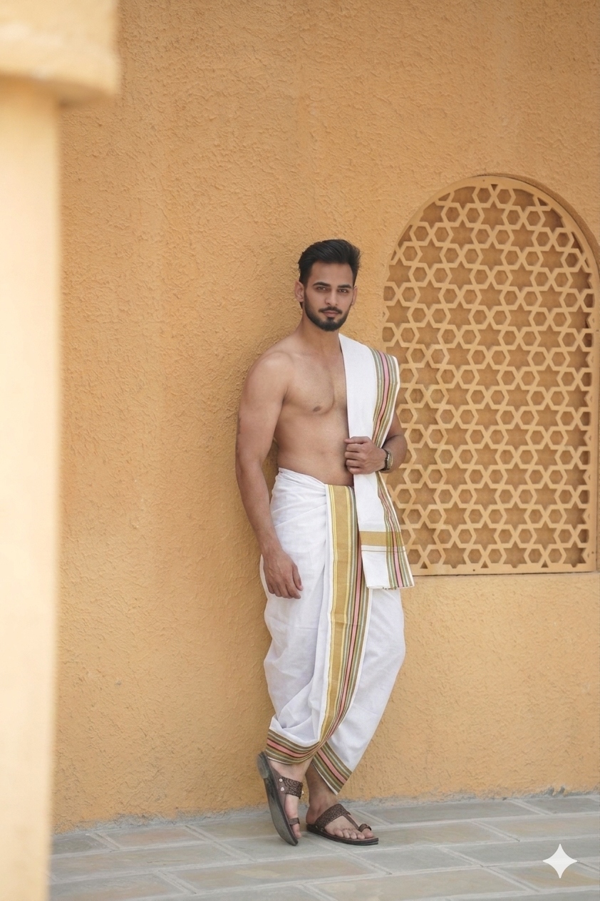 Man wearing a jay shree krishna dhoti with uparana