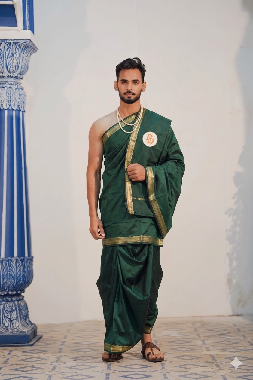 Man wearing a kasab gold zari border artificial silk dark green dhoti with uparana