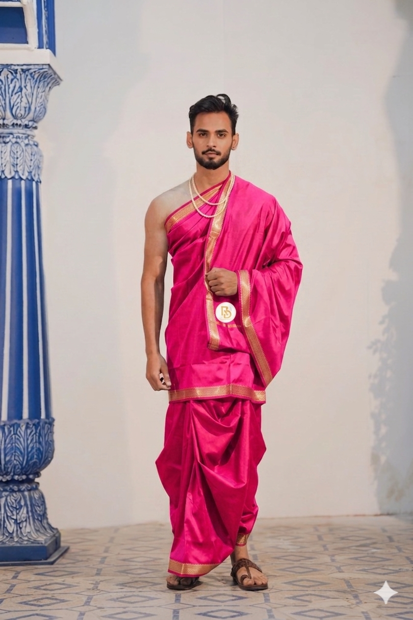 Man wearing a kasab gold zari border artificial silk dark pink dhoti with uparana