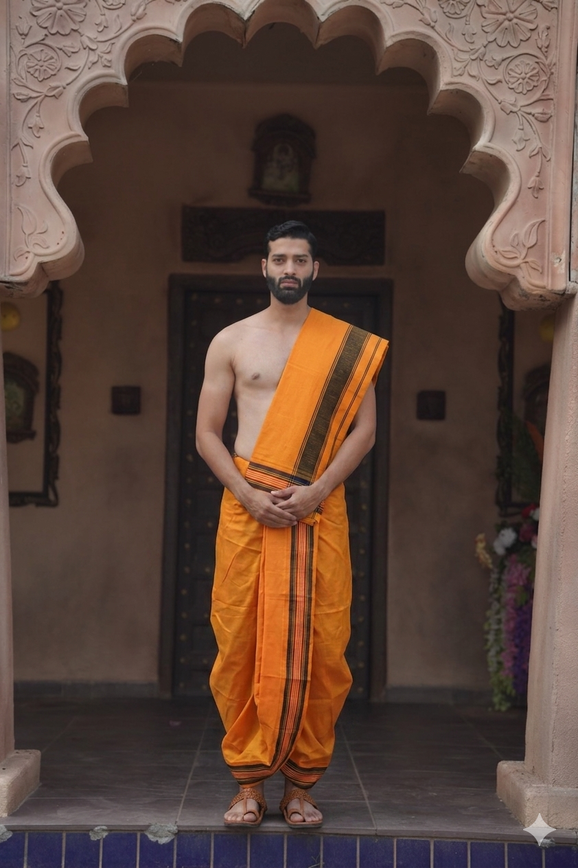 Man wearing a light orange blended cotton dhoti with khes