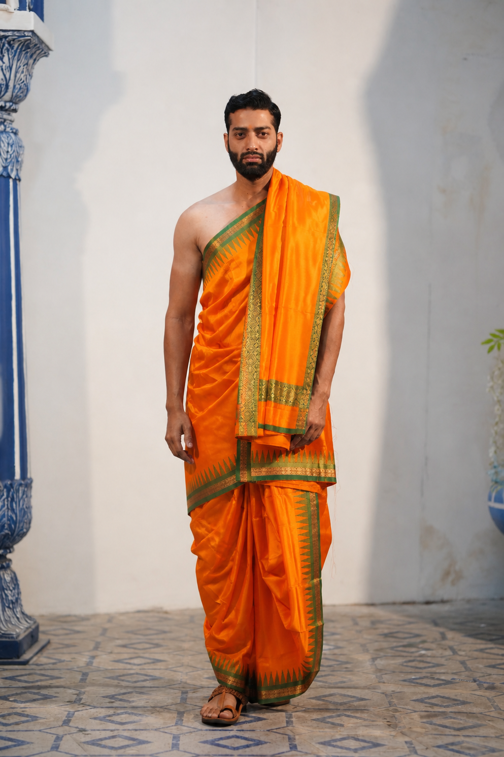 Man wearing a light orange silk dhoti with matching uparana