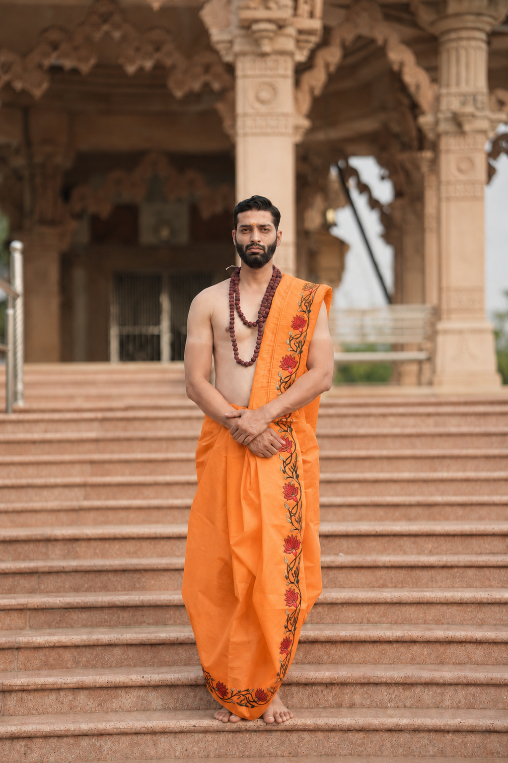 Man wearing a lotus flower design border orange cotton dhoti with uparana