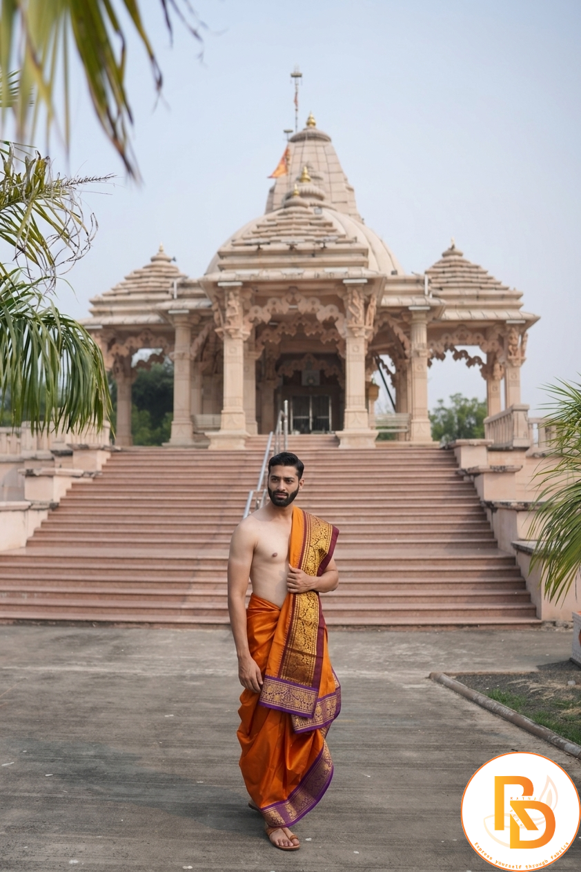 Man wearing a luxury luke golden border terracotta orange dhoti with matching uparana