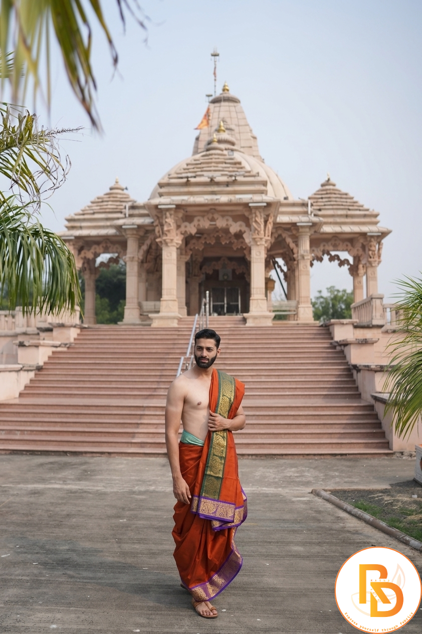 Man wearing a maharaja rust golden zari border orange dhoti with matching uparana