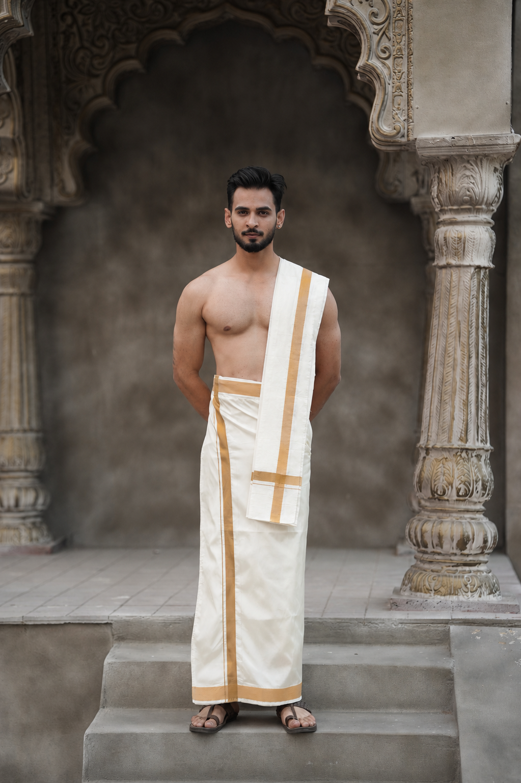 Man wearing a majestic style brown border cotton dhoti with khes
