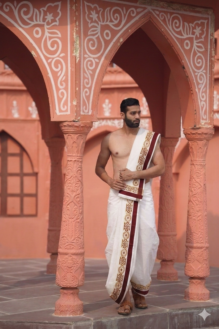 Man wearing a maroon border thilani motif printed cotton dhoti with uparana