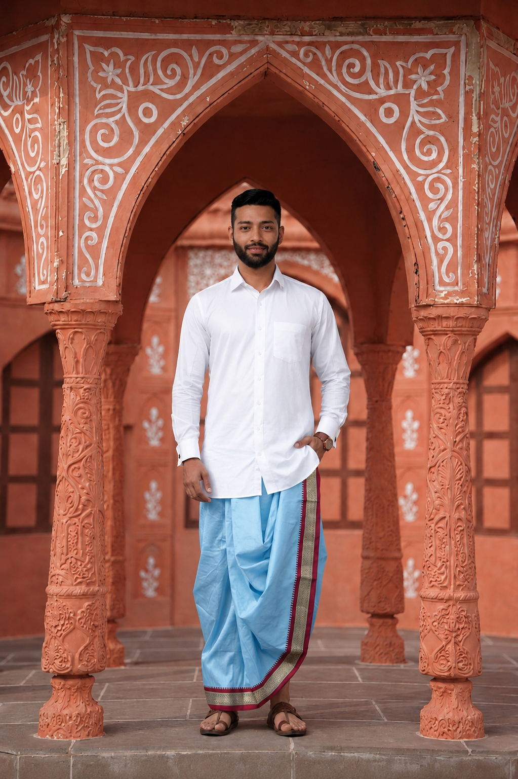 Man wearing a maroon golden border sky blue dhoti and shirt combo