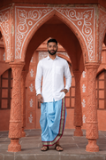 Man wearing a maroon golden border sky blue dhoti and shirt combo