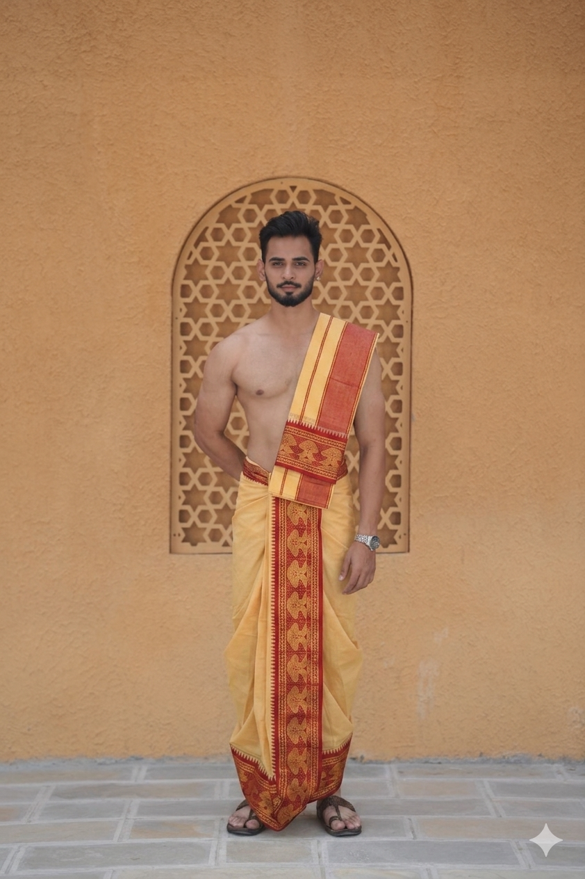 Man wearing a maroon jacquard temple border yellow dhoti with khes