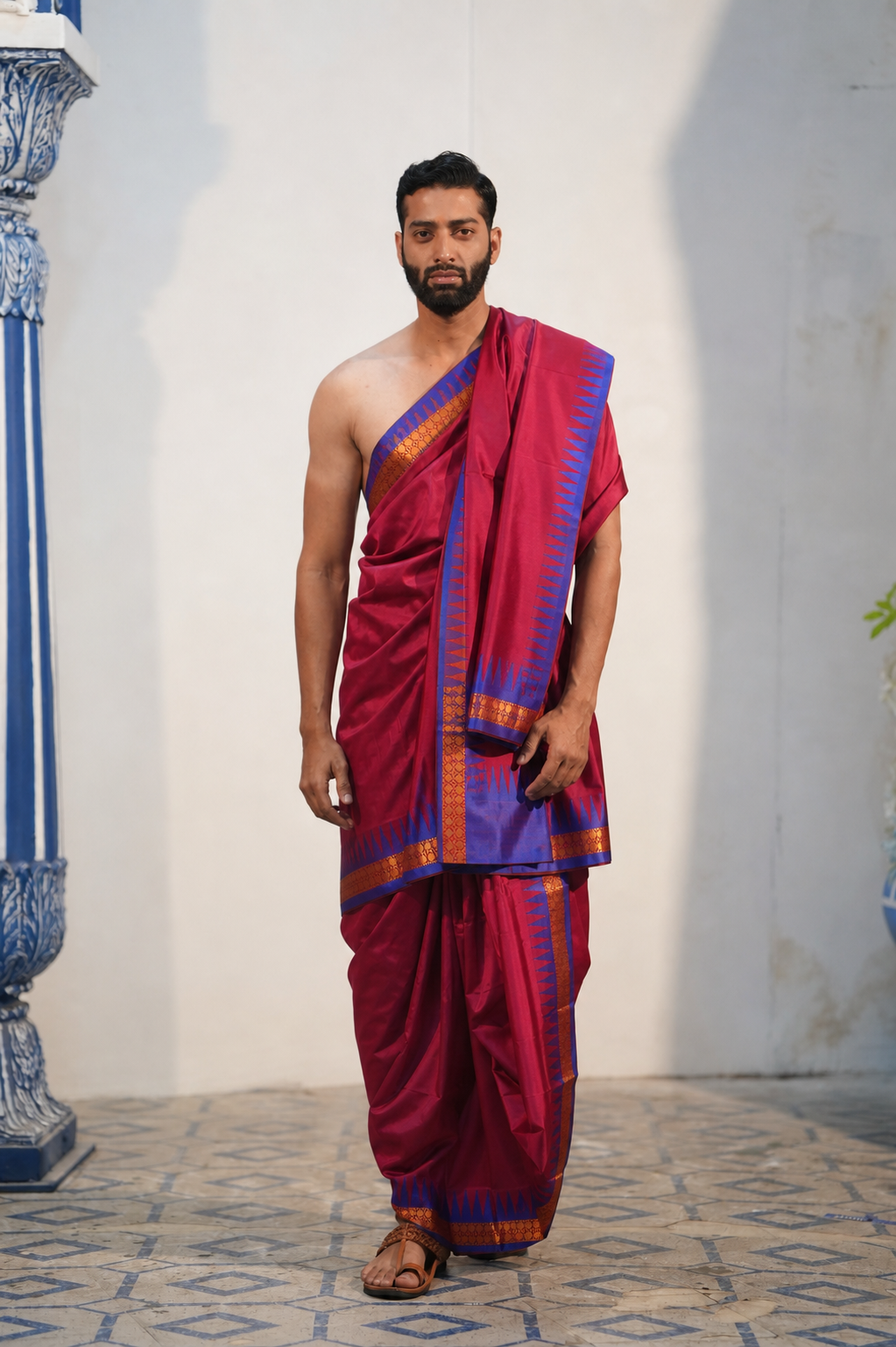 Man wearing maroon silk dhoti with matching khes