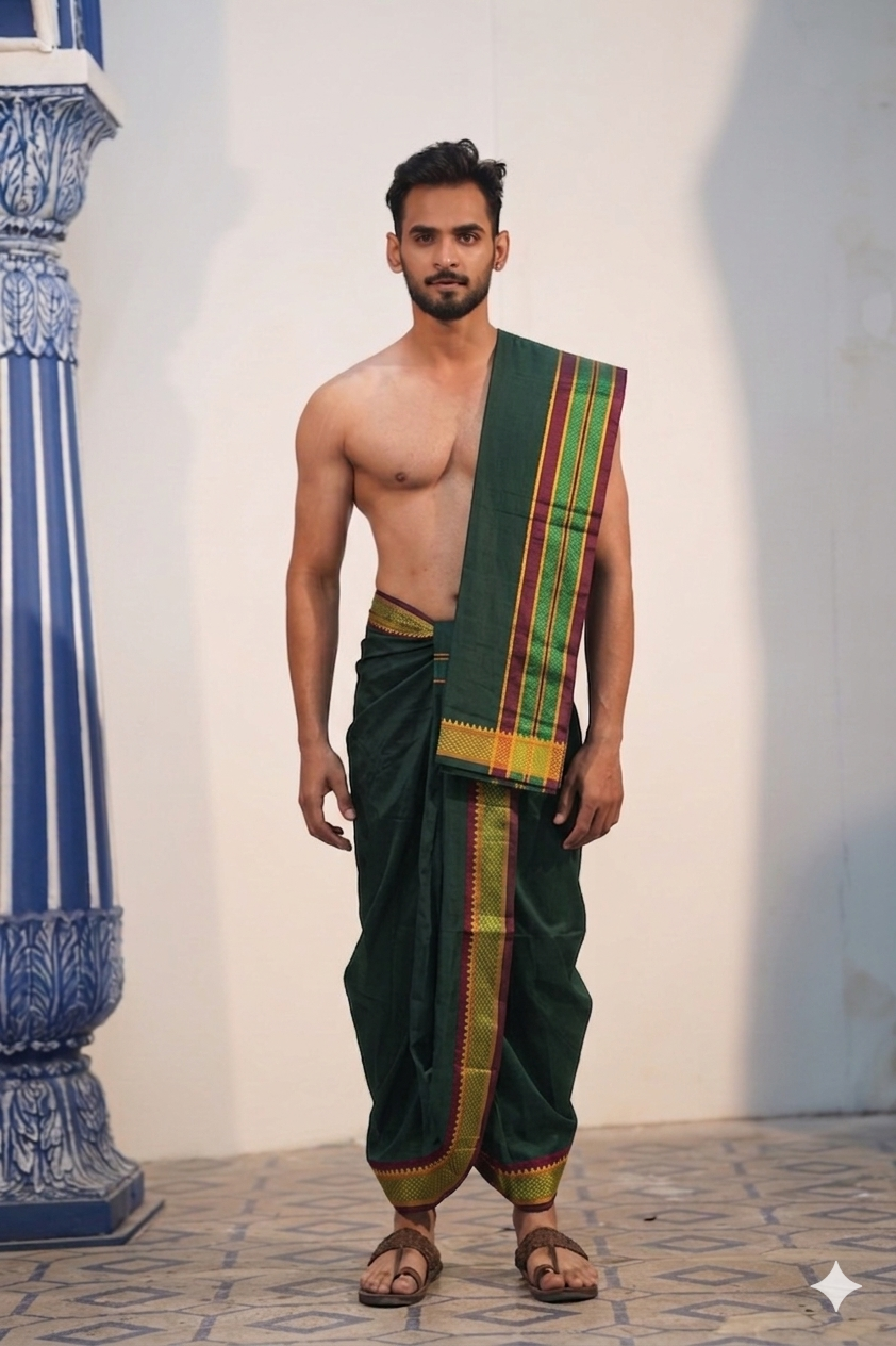 Man wearing a maroon stripe gold temple border dark green cotton dhoti with angavastram