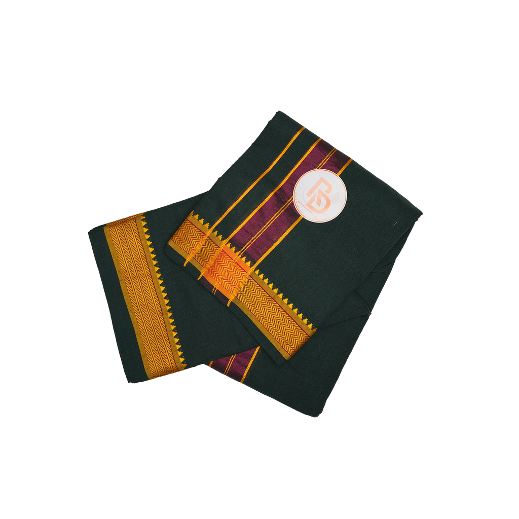 maroon stripe gold temple border dark green cotton dhoti set