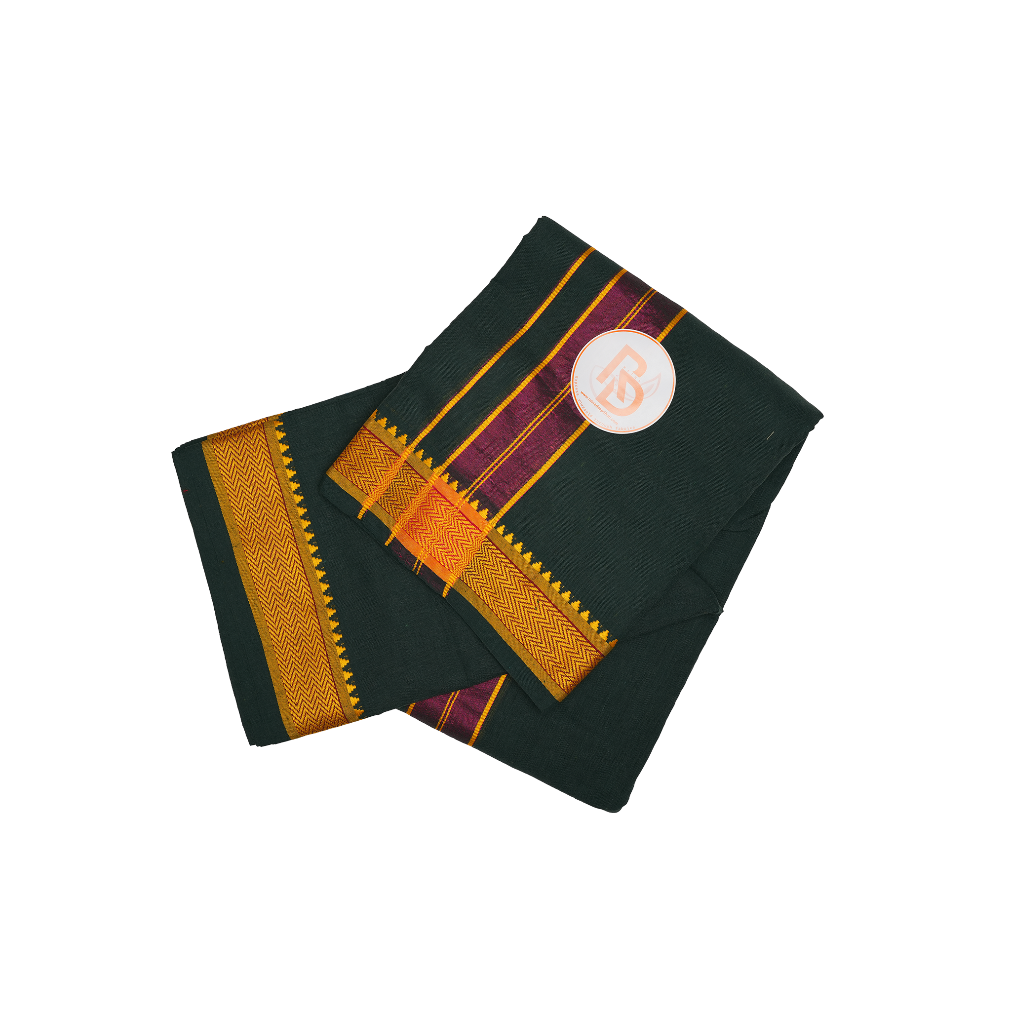 maroon stripe gold temple border dark green cotton dhoti set