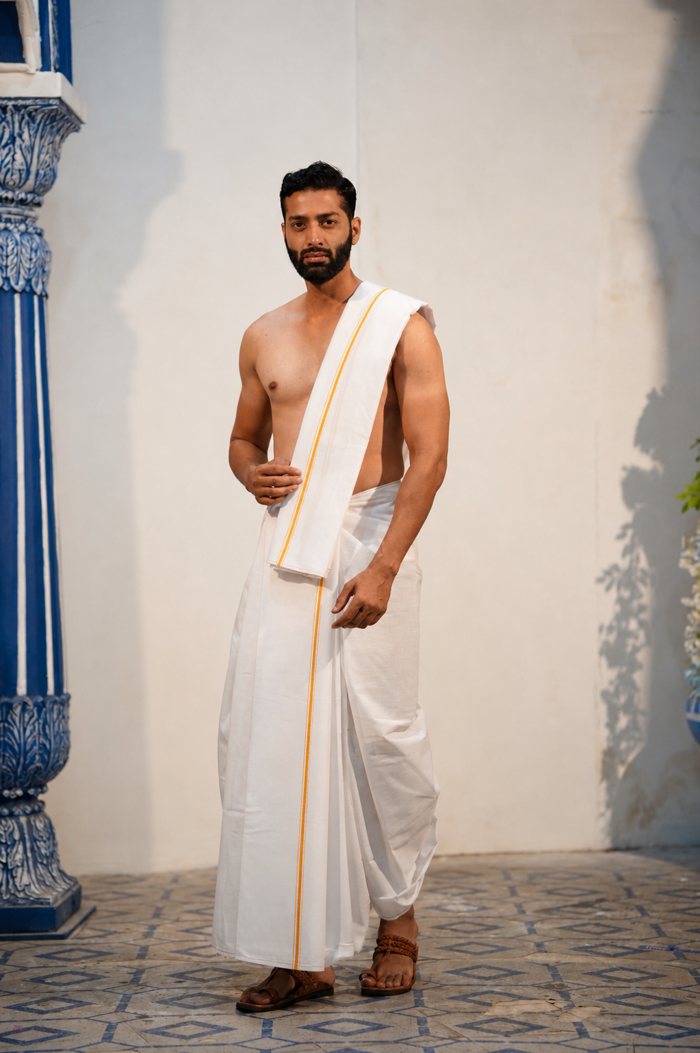 Man wearing a minister style yellow border white cotton dhoti with matching uparana