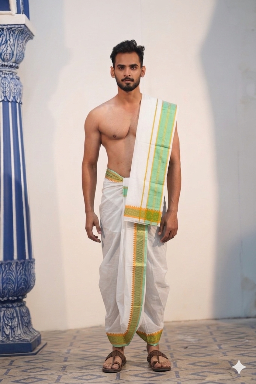 Man wearing a mint green gold grass stitch woven border white cotton dhoti with matching khes
