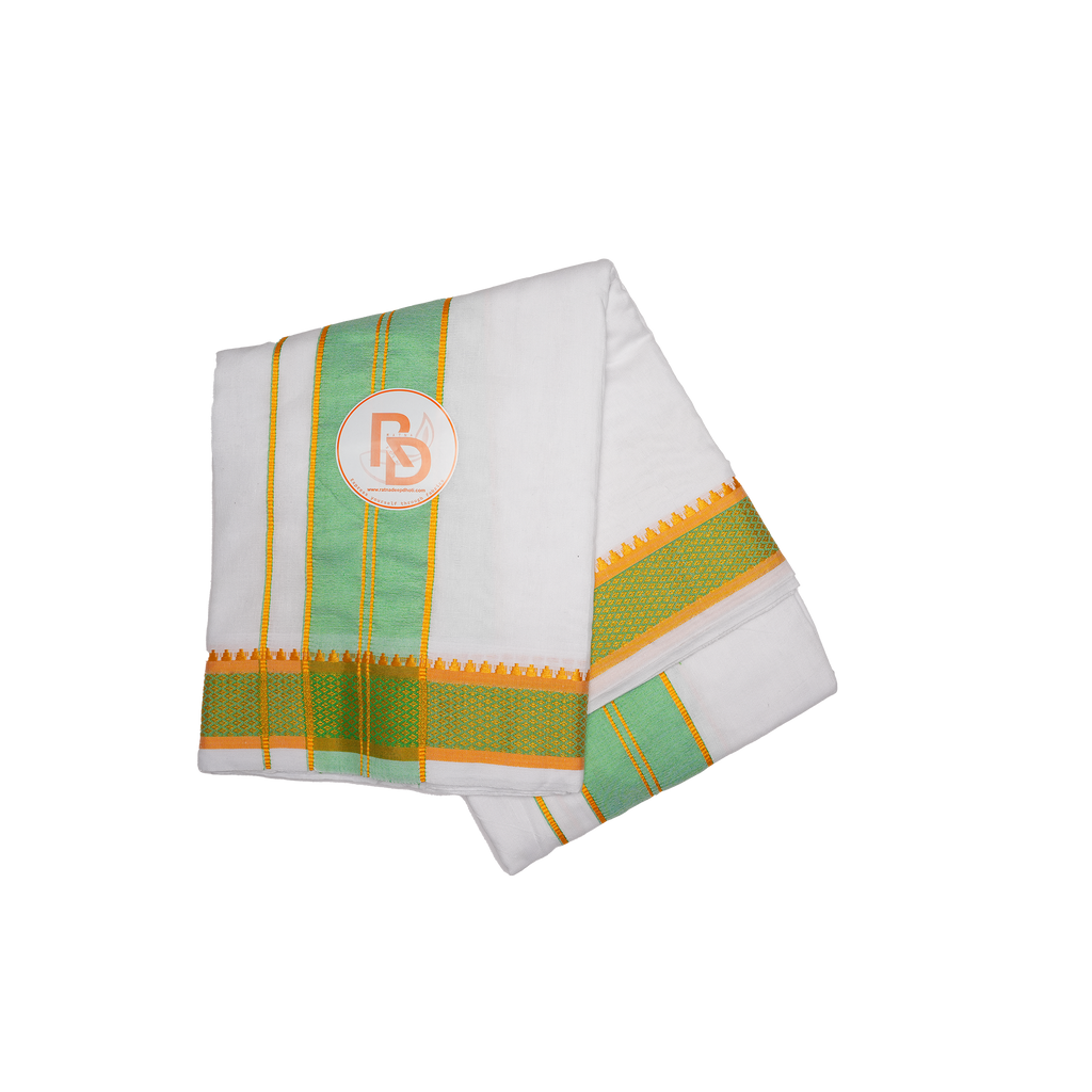 mint green gold grass stitch woven border white cotton dhoti set