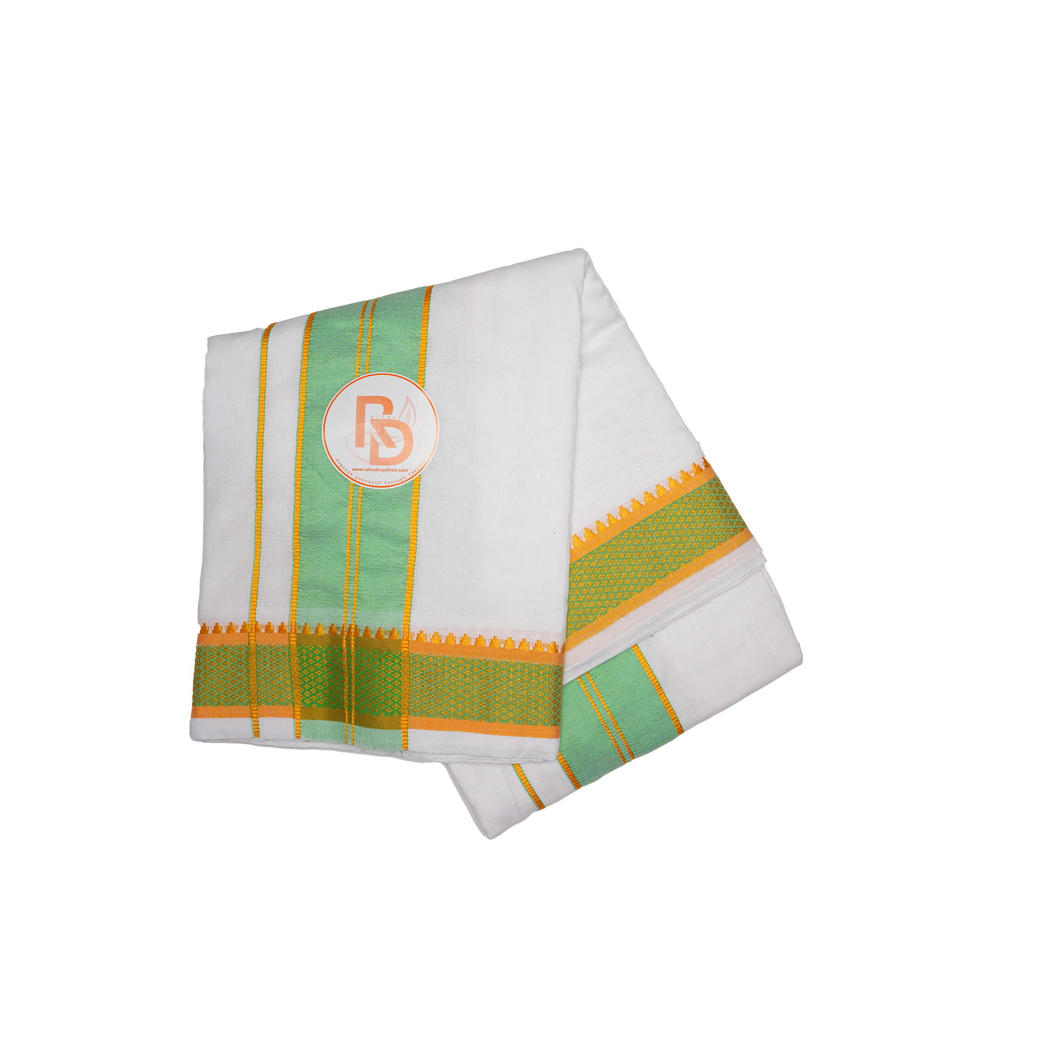 mint green gold grass stitch woven border white cotton dhoti set