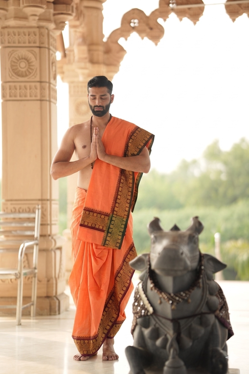 Man wearing a multicolor unique cotton dhoti with matching uparana
