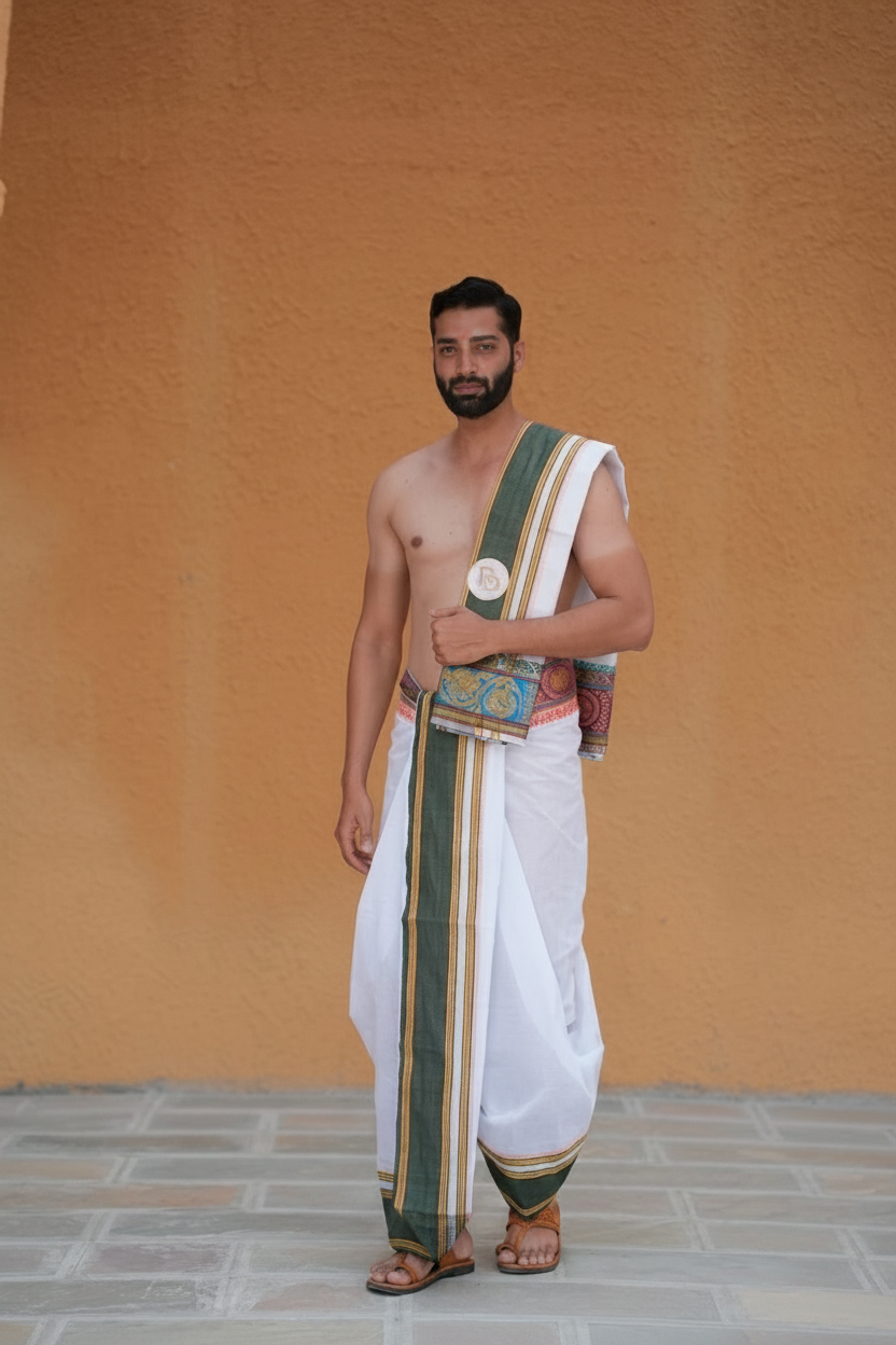 Man wearing a multicolour bordered & gold peacock design white cotton dhoti with khes