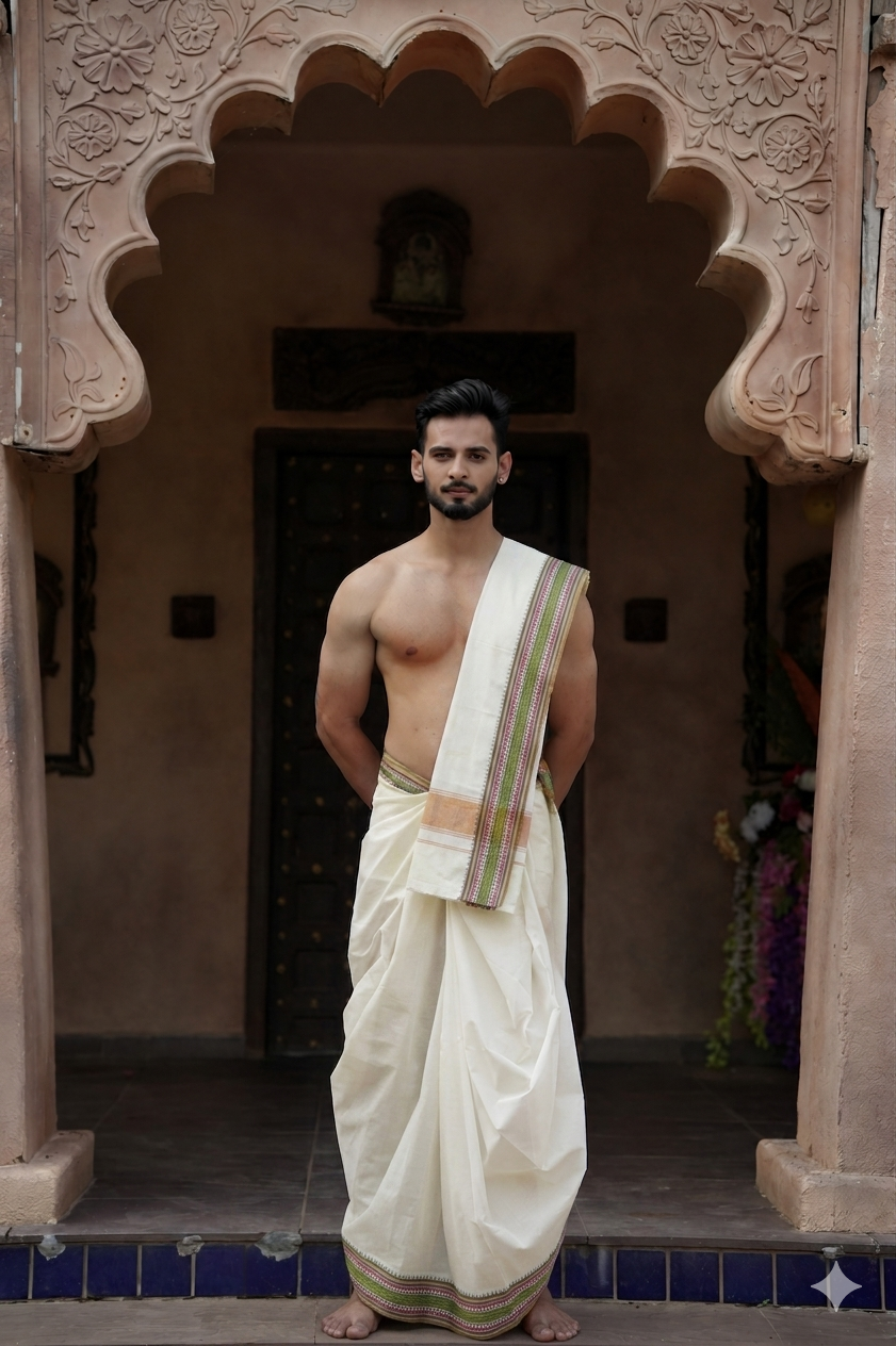 Man wearing a multicolour checks border white cotton dhoti with matching uparana