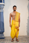 Man wearing a multicolour floral border yellow cotton dhoti with matching khes
