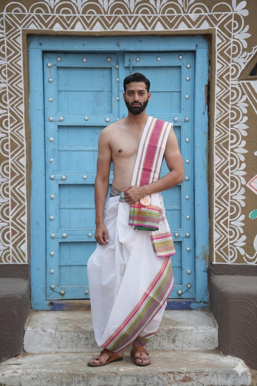 Man wearing a multicolour floral design white cotton dhoti with uparana