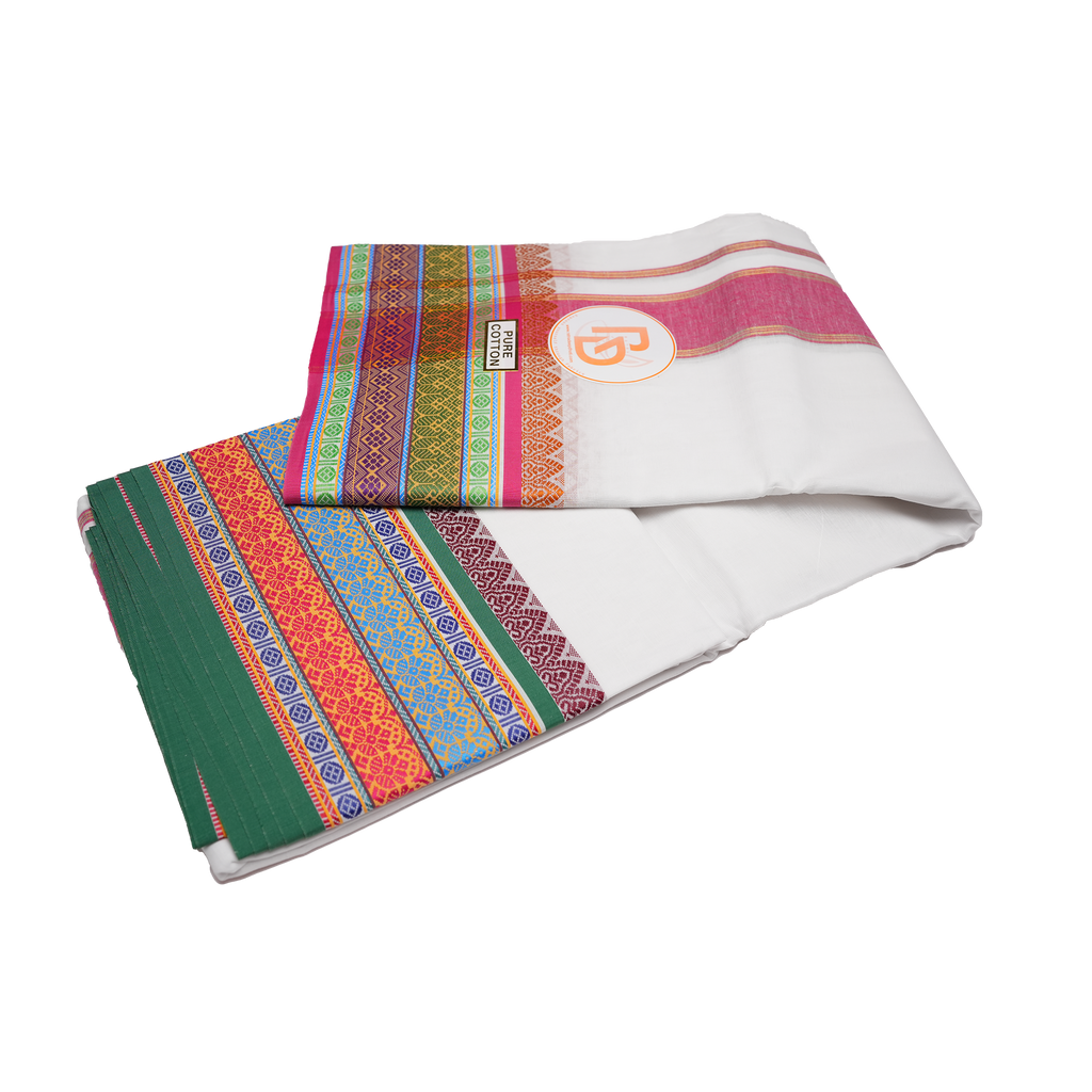 multicolour floral design white cotton dhoti