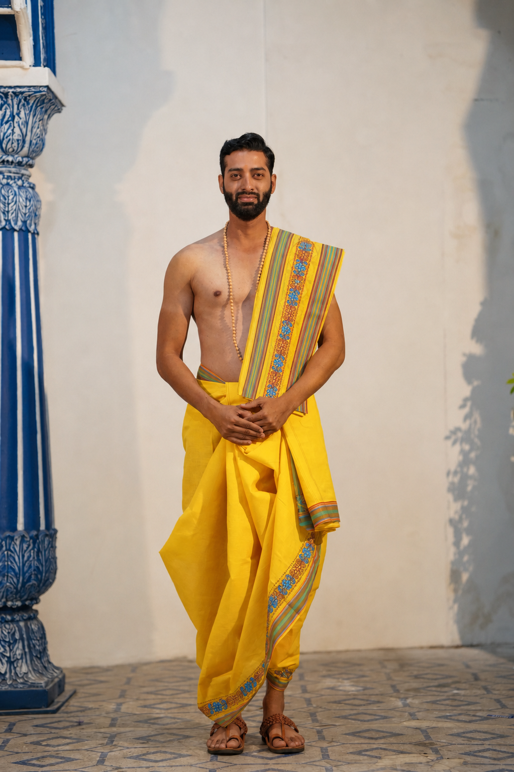 Man wearing a multicolour & floral embroidery yellow cotton dhoti with matching uparana