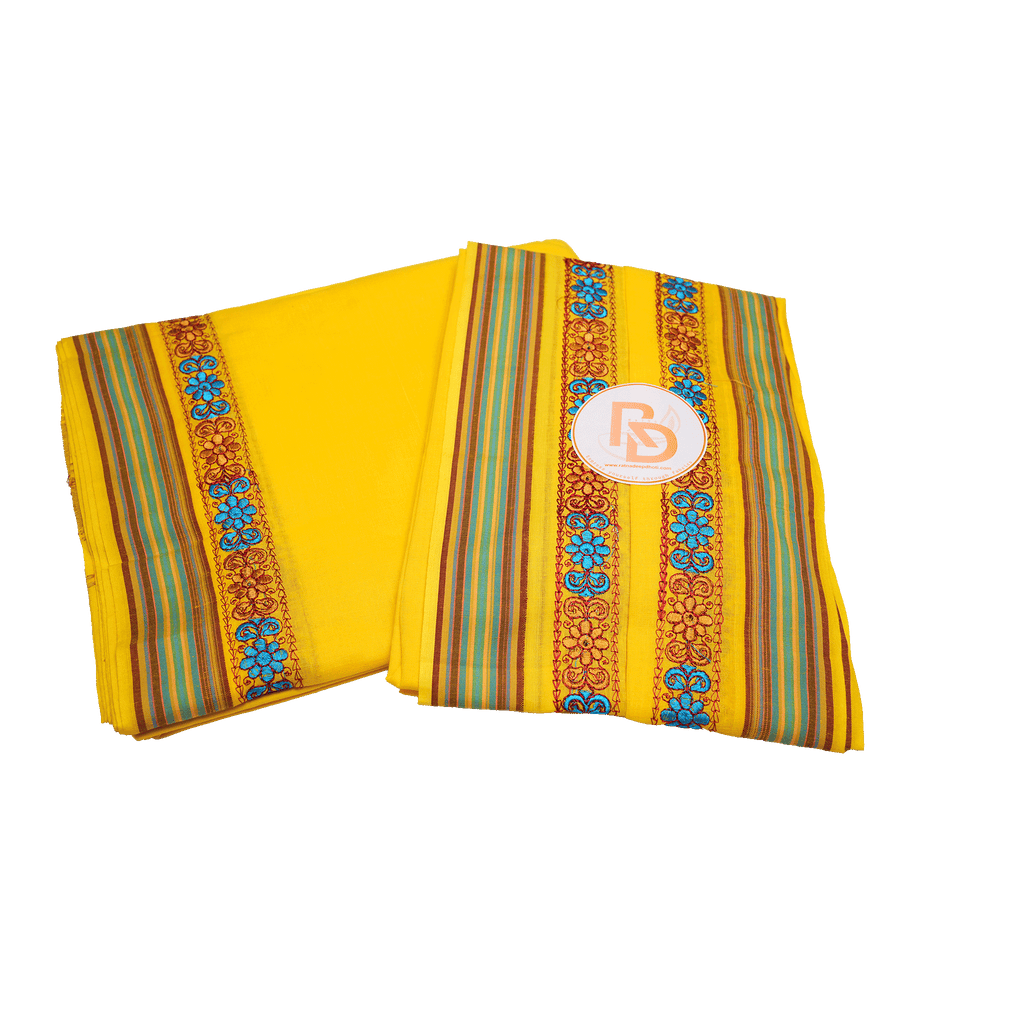 multicolour & floral embroidery yellow cotton dhoti set