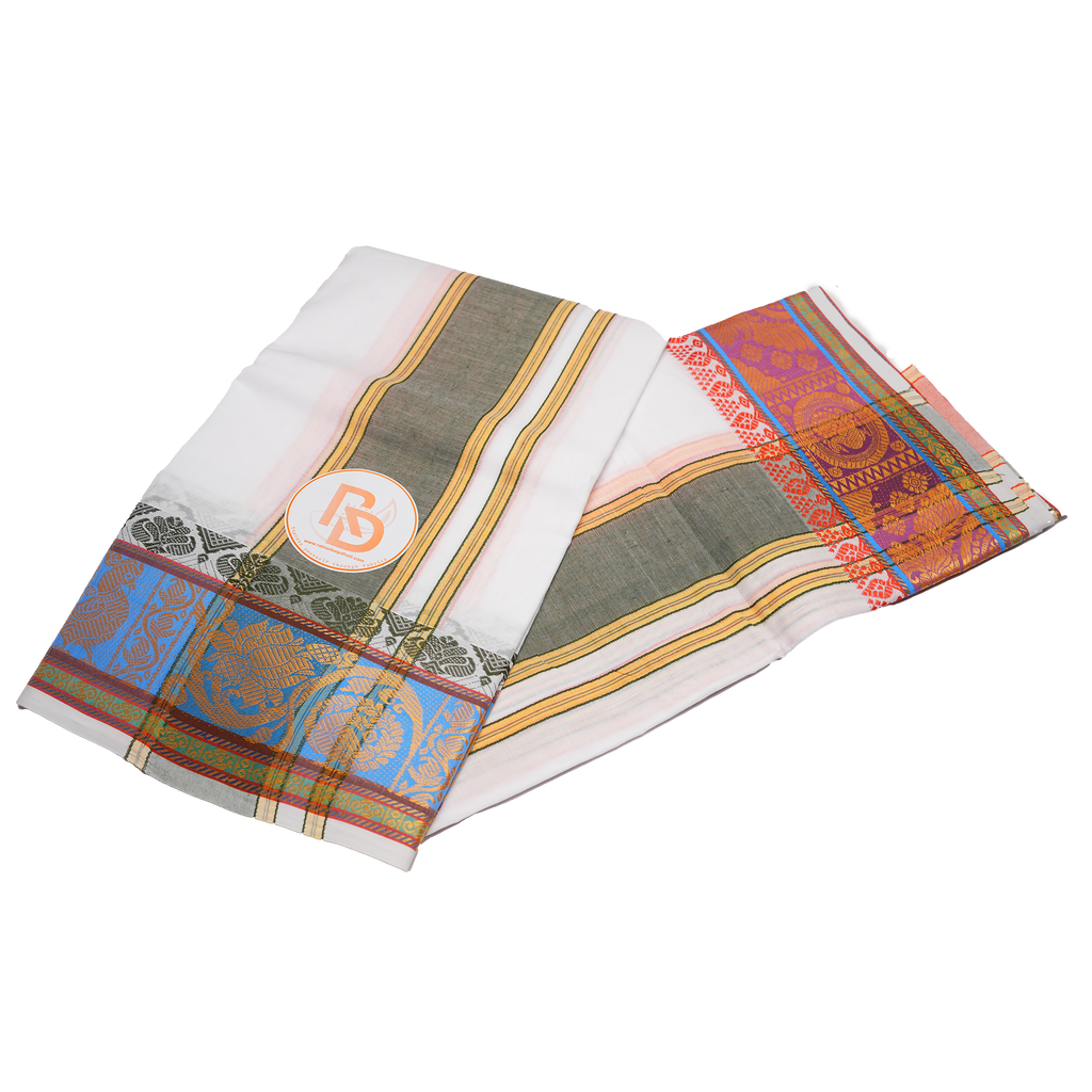 Gold lotus & peacock bordered pure cotton white dhoti set