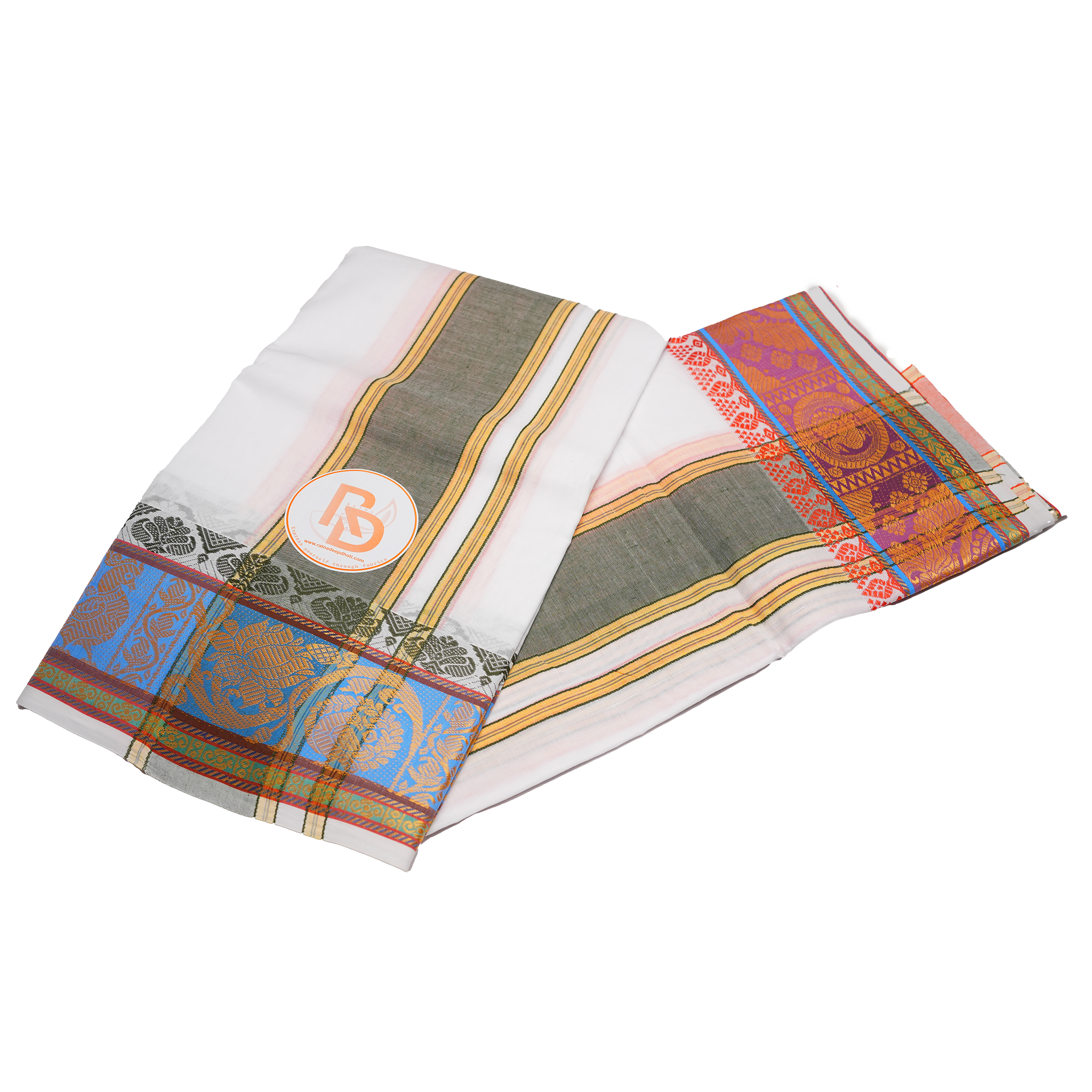 Gold lotus & peacock bordered pure cotton white dhoti set