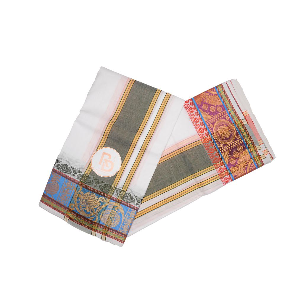 Gold lotus & peacock bordered pure cotton white dhoti set