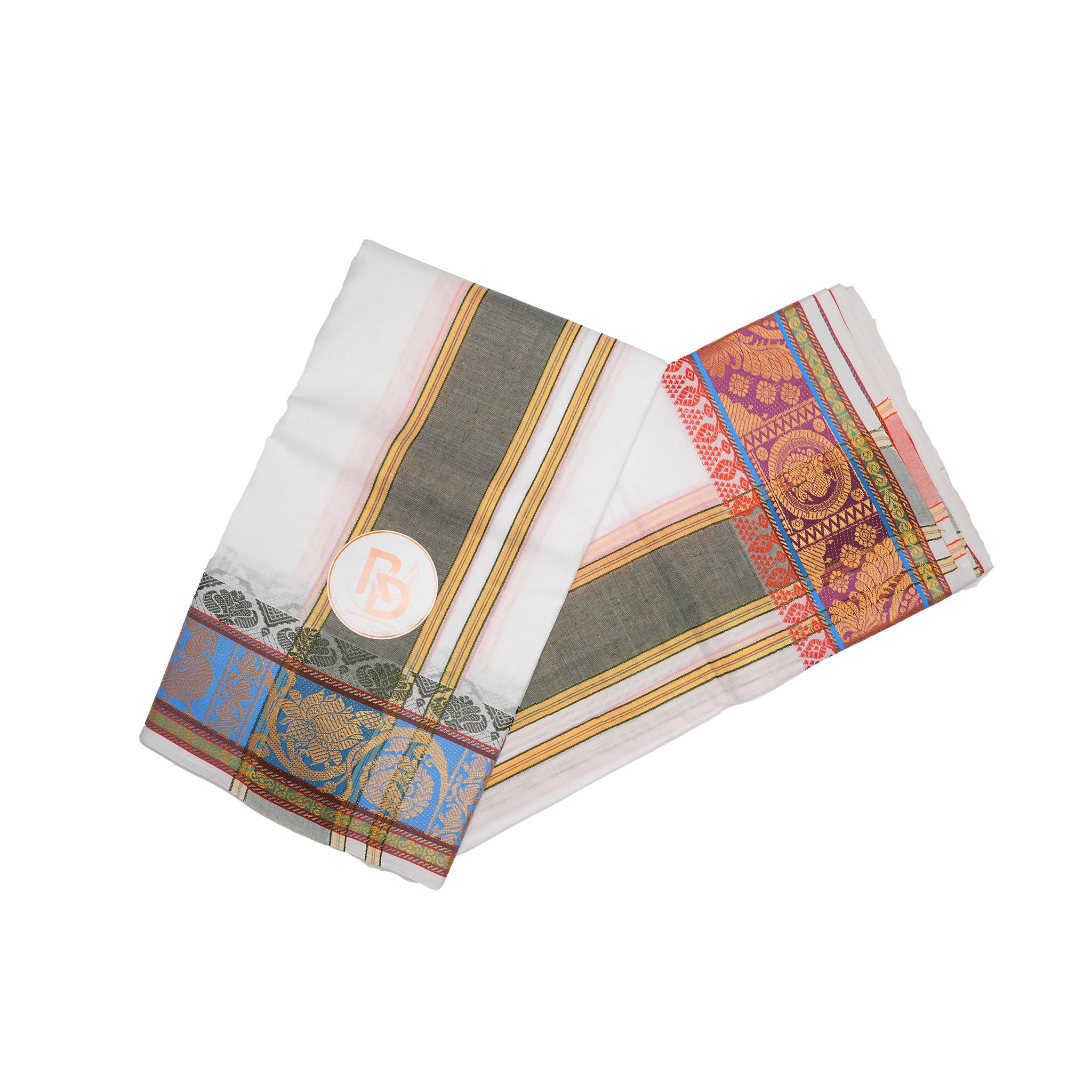 Gold lotus & peacock bordered pure cotton white dhoti set