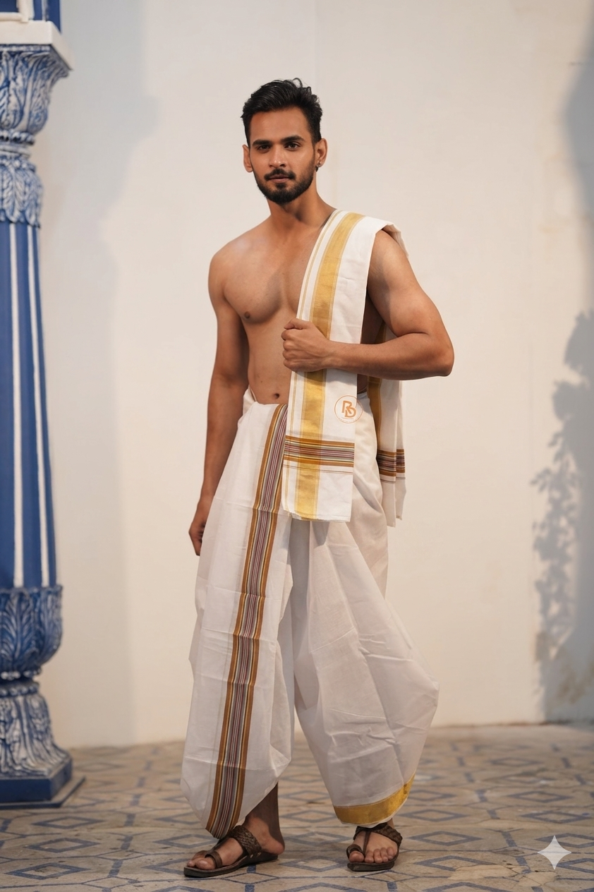 Man wearing a mustard gold fine border white cotton dhoti with khes