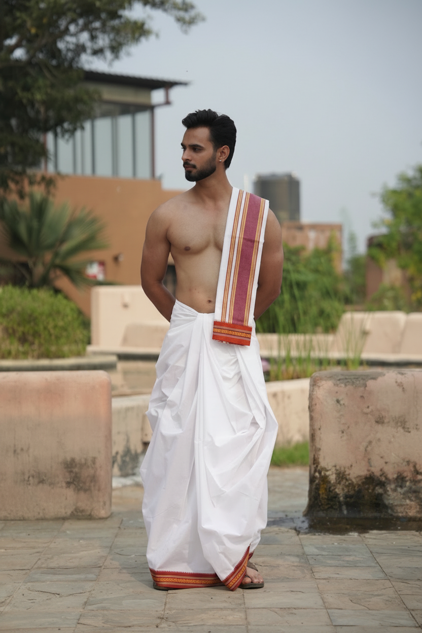 Man wearing a nagpuri border white cotton dhoti with uparana