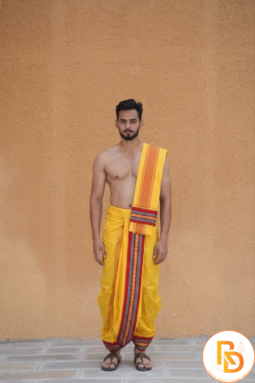 Man wearing a nagpuri border yellow cotton dhoti with uparana